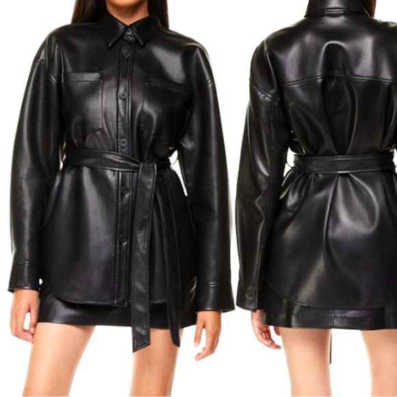 Aritzia Jackets & Blazers - Aritzia Babaton Ava Jacket Black Vegan Leather Sz S Belted Button Up Shacket